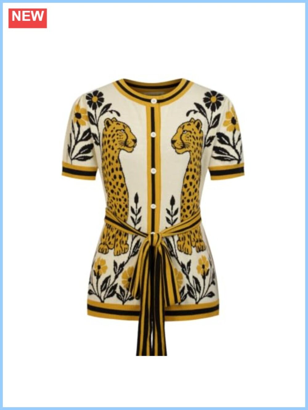 Retro Knit Jacquard Cardigan Short Sleeve Button Down Ribbon Waist